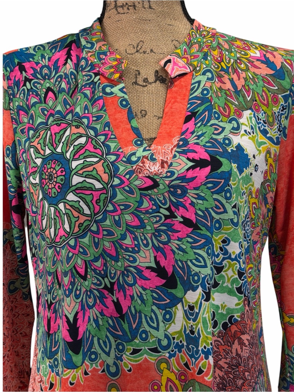 Paisley Grace. Coral Multi-Print V-Neck Tunic Top. Size large - Picture 6 of 6